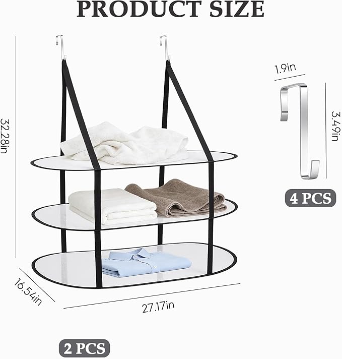 2Pcs 3 Tier Over The Door Folding Drying Rack with Excellent Load-Bearing,Large Sweater Drying Rack,Lay fold Flat Mesh Clothes Hanging Dryer for Quickly Dry Clothing,Sweater,and Room Organization