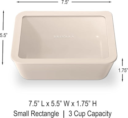 Ceramic Coated Glass Food Storage Container | No PTFE, PFOA, PFAS, and BPA | Reusable Non Toxic Meal Prep Container with Glass Lid | Easy To Store | 3 Cup Rectangle [Crema]