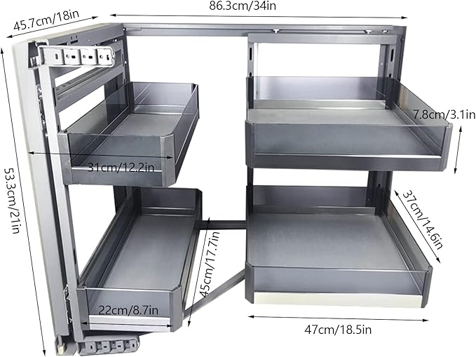 QIANMOON Kitchen Corner Cabinet Pull Out, Magic Pull Out Open, 2 Tiers Swing Tray, Blind Corner Soft Close, for Place Pots and Pans, Containers, Spice Jars