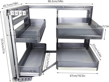 QIANMOON Kitchen Corner Cabinet Pull Out, Magic Pull Out Open, 2 Tiers Swing Tray, Blind Corner Soft Close, for Place Pots and Pans, Containers, Spice Jars