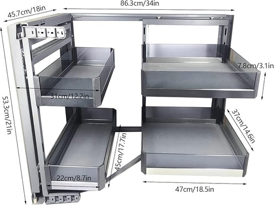 QIANMOON Kitchen Corner Cabinet Pull Out, Magic Pull Out Open, 2 Tiers Swing Tray, Blind Corner Soft Close, for Place Pots and Pans, Containers, Spice Jars