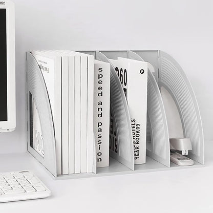 SAYEEC Sturdy Maganize Holder Desktop File Holder Organizer Plastic 4 Section Frames File Dividers Document Cabinet Rack Display Storage Organizer Box (Light Grey)