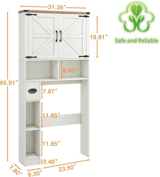 Vabches Over The Toilet Storage Cabinet, Farmhouse Storage Cabinet Over Toilet with 2 Barn Doors && Toilet Paper Holder Stand，Home Space-Saving Toilet Rack, for Laundry, Restroom, Bathroom