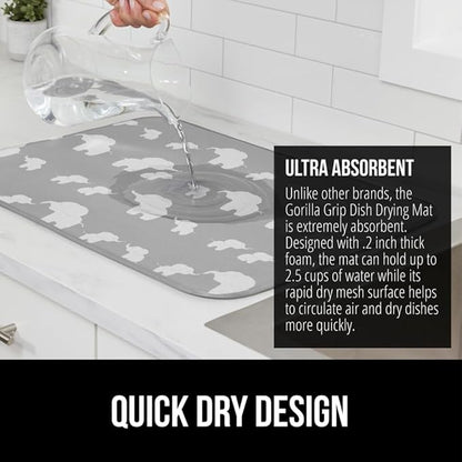 GORILLA GRIP Ultra Water Absorbent Microfiber Dish Drying Mat, 18x24, Quick Dry Thick Mesh, Slip Resistant Pad for Sink Dishes or Under Rack, Kitchen Counter Accessories, Machine Wash Mats, Elephants