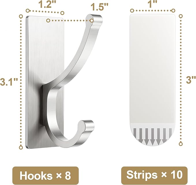 pickpiff Adhesive Wall Hooks with Strip - No Residue, Easy to Remove, Strong Heavy Duty Sticky Towel Hook, 8 Pack Silver