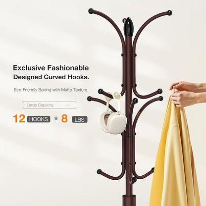 Coat Rack Freestanding,12 Hooks Metal Coat Racks with Umbrella Holder,Sturdy Hall Rree,Easy Assembly Coat Rack Stand for Hanging Scarf,Purse,Hats,Jacket(Brown)