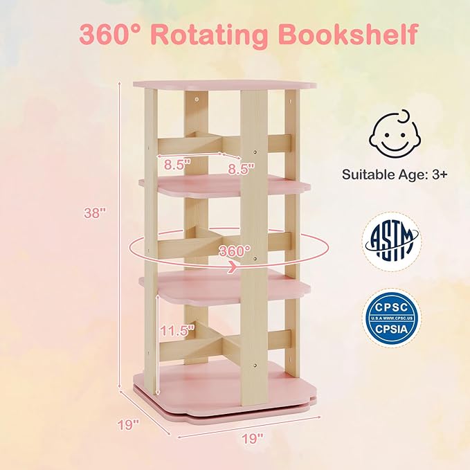 Costzon Kids Rotating Bookshelf, 360° Spinning 3-Tier Corner Bookshelf for Small Space w/12 Sectors, Floor Standing Bookcase Storage Rack, Wooden Narrow Bookcase for Kid's Room, Living Room, Daycare