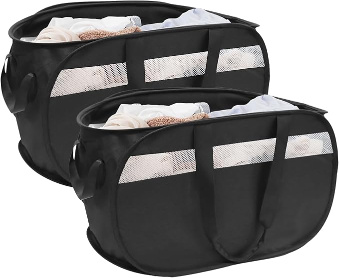 Collapsible Laundry Baskets, Foldable Tear Proof Pop Up Hamper with Reinforced Carry Handles, Durable Laundry Hamper for Home, Laundry, Bathroom, Dorm or Travel (Black, 2 Pack)