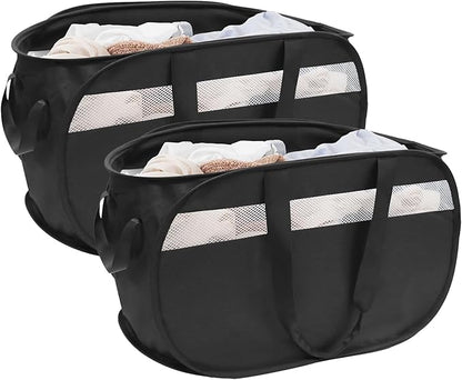 Collapsible Laundry Baskets, Foldable Tear Proof Pop Up Hamper with Reinforced Carry Handles, Durable Laundry Hamper for Home, Laundry, Bathroom, Dorm or Travel (Black, 2 Pack)