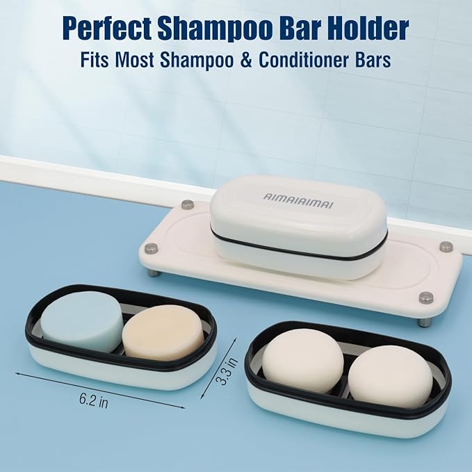 AIMAIAIMAI Shampoo Bar Holder Travel Case for Two Bars – Compatible with Kitsch Solid Shampoo & Conditioner Bars, Large Soap Container for Bathroom or Travel (1 Pack, White Style A-Large)