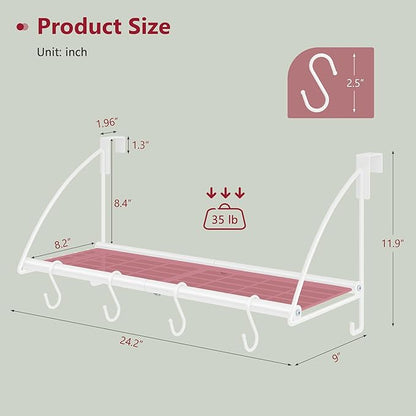 Tajsoon Over Door Clothes Hanger with Storage Rack and 6 Hooks, Extended Over The Door Clothes Rack for Hanging Coat for Bathroom, Bedroom, Living Room, White