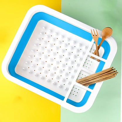 Collapsible Dish Rack Foldable Dish Drying Rack Portable Dish Drainer Dinnerware Organizer Rack Folding Tableware Storage Rack Cutlery Rack for Kitchen Counter RV Camper Accessories (Blue)