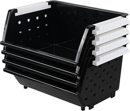 Plastic Stacking Storage Basket 4 Packs, Stackable Organizer Baskets Bin, Black
