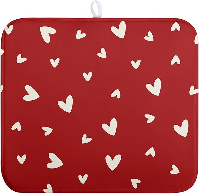 Wnoesat Valentine's Day Love Heart Dish Drying Mat for Kitchen Counter 16x18 Inch Valentine Theme Dish Mats Absorbent Microfiber Dish Draining Mat Reusable Washable Dish Drainer Rack Pad