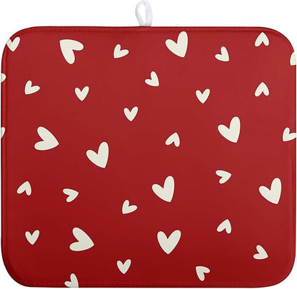 Wnoesat Valentine's Day Love Heart Dish Drying Mat for Kitchen Counter 16x18 Inch Valentine Theme Dish Mats Absorbent Microfiber Dish Draining Mat Reusable Washable Dish Drainer Rack Pad