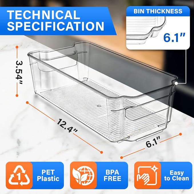 14-Piece Stackable Refrigerator Bin Organizer Set with Easy Grip Handles - Clear Multi-Purpose Storage Bins for Fridge and Pantry Use