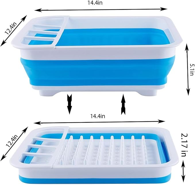 Collapsible Dish Rack Foldable Dish Drying Rack Portable Dish Drainer Dinnerware Organizer Rack Folding Tableware Storage Rack Cutlery Rack for Kitchen Counter RV Camper Accessories (Blue)