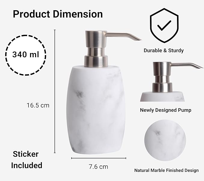 Clasin Home Resin Soap Dispenser Set 2, Refillable Hand Soap Dispenser with White Marble Look and Metallic Pump, Kitchen, Bathroom, Waterproof Labels (12 Oz)