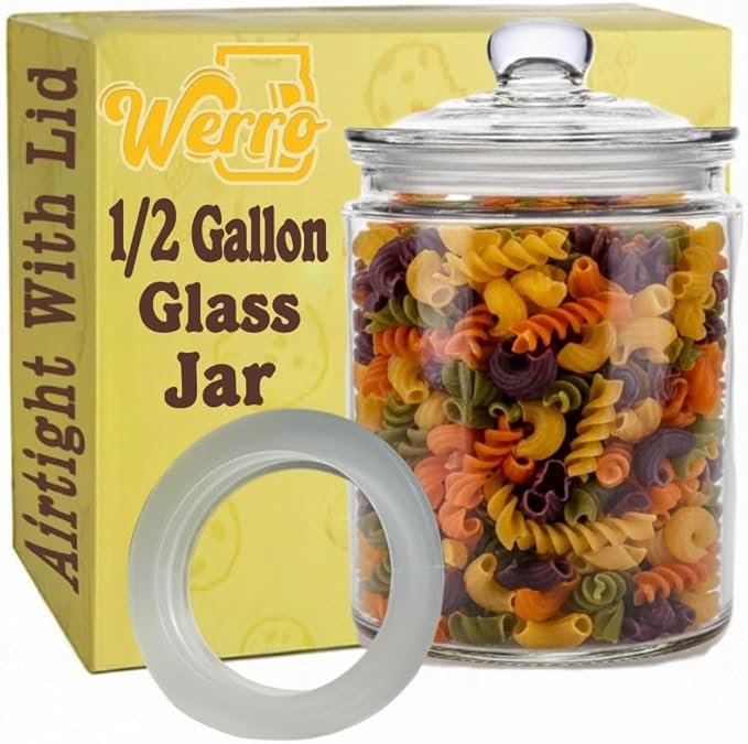 1/2 Gallon Glass Jar Airtight With Lid - Extra Gasket - Glass Canisters With Lids, Wide Mouth, 64 oz Glass Cookie jar, Candy Jar, Dog Treats, Sugar, Food, Kitchen Storage and Laundry Room