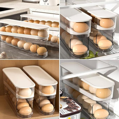 2025 New Egg Holder for Fridge, Egg Organizer for Refrigerator Automatic Scrolling Eggs Rack Holder Rolling Dispenser Stackable Container and Storage for Refrigerator with Lid