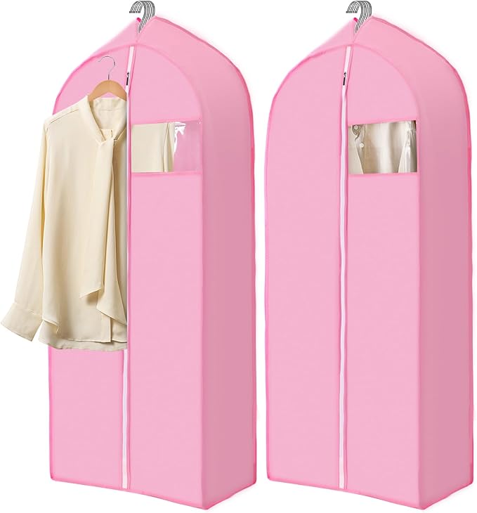 2 Pcs 10" Gusseted Garment Bags for Hanging Clothes Dress Bags for Gowns Long Closet Waterproof Garment Covers Wedding Dress Cover Traveling Clothes Protector(Pink,43 Inch)