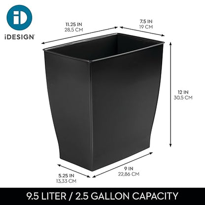iDesign Small Plastic Bathroom Trash Can, Slim Rectangle Garbage Bin for Bedroom, Office, Dorm, Black