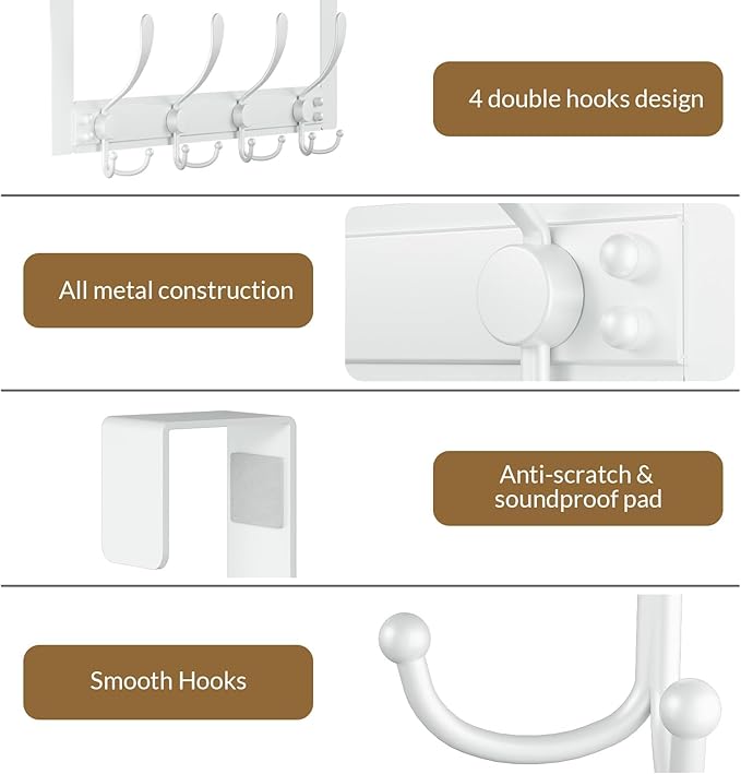BAKON Over The Door Hooks with 4 Triple Hooks, Heavy Duty Over Door Hanger for Bathroom Closet Bedroom Kitchen Dorm Room, Towel Coat Rack Home Organizer for Hanging Clothes Coat Hat Jacket (1, White)