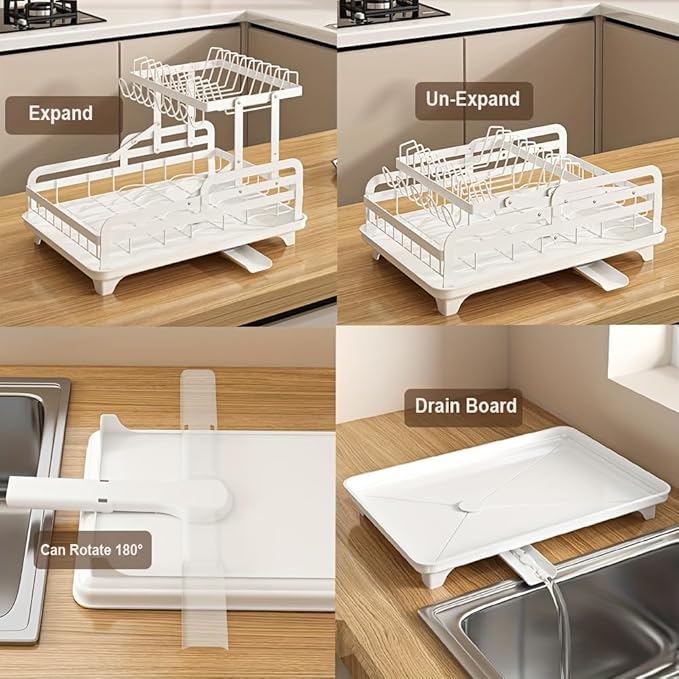 HOISIMDY 2 Tier Dish Drying Rack Automatic Drainage Board Space-Saving for Kitchen Counter with Cups Holder