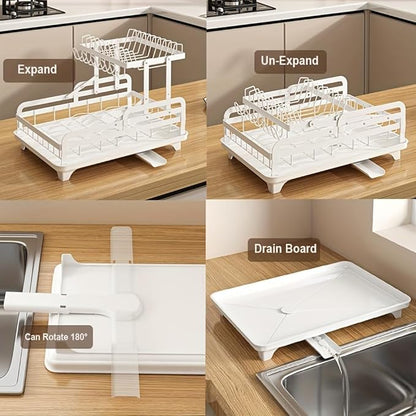 HOISIMDY 2 Tier Dish Drying Rack Automatic Drainage Board Space-Saving for Kitchen Counter with Cups Holder
