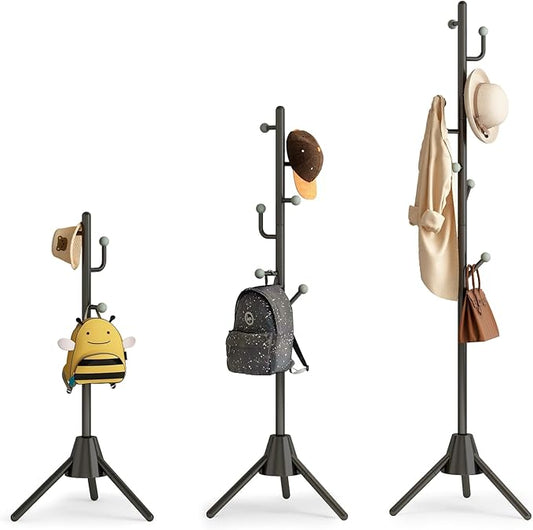 Anti-Tip Coat Rack with 8LB Weighted Base, Heavy Duty Metal Coat Rack Freestanding with 8 Hooks, 3 Adjustable Height Sturdy Clothes Rack Space Saving Organizer Stand for Entryway, Bedroom, Office