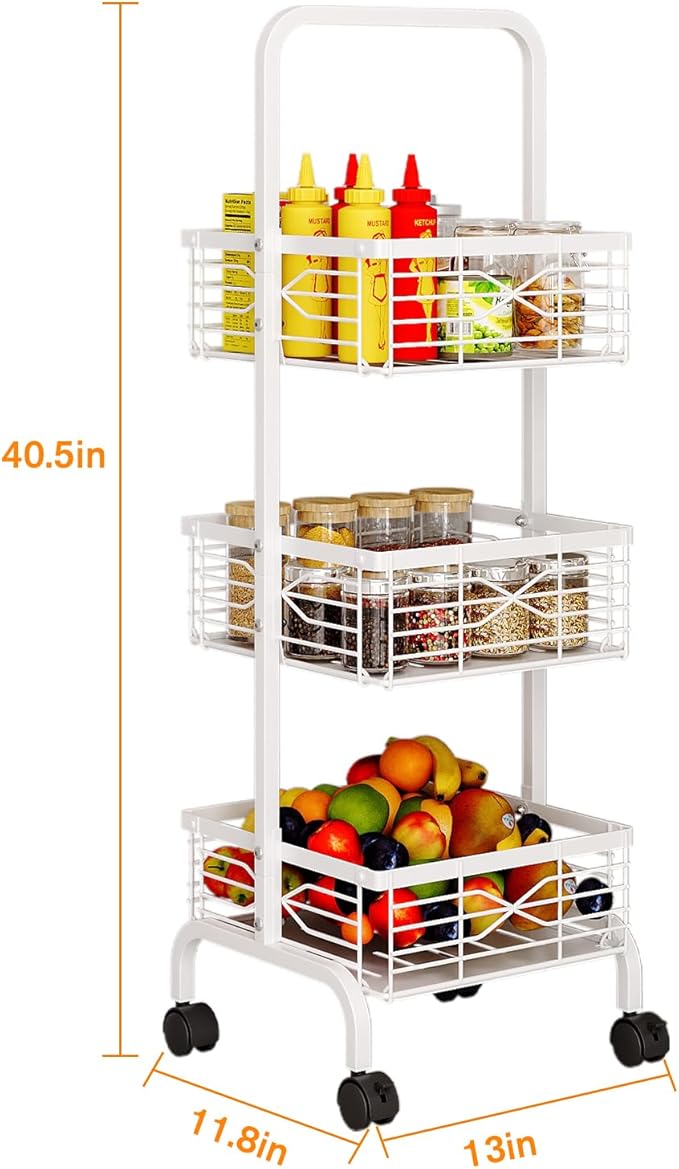 3 Tier Rolling Cart, Heavy Duty Metal Utility Cart with 4 Lockable Wheels & Handle, Multi-Purpose Storage Organizer for Kitchen, Bathroom, Laundry Room, Pantry, Office, Craft, Makeup (White)