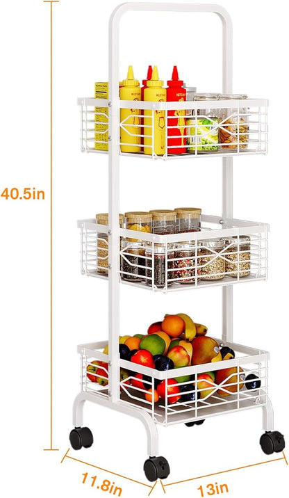 3 Tier Rolling Cart, Heavy Duty Metal Utility Cart with 4 Lockable Wheels & Handle, Multi-Purpose Storage Organizer for Kitchen, Bathroom, Laundry Room, Pantry, Office, Craft, Makeup (White)
