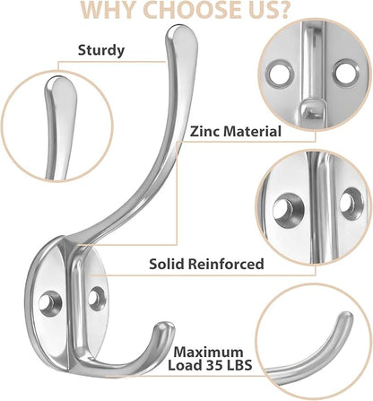 14 Pack Coat Hooks Wall Mounted with 28 Screws, Heavy Duty Silver Towel Hooks Metal Double Hooks, No Rust Retro Rustic Wall Hooks for Hanging Towel, Coat, Scarf, Bag, Hat, Cup, Key