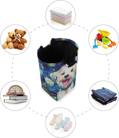 Laundry Hamper Basket Dog Starry Night Blue Storage Basket Collapsible Clothes Hamper with Handle Decorative Organizer Bins Basket for Laundry Room Bedroom Clothes College