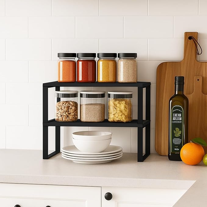 Sben Cabinet Organizer Shelf, Set of 2 Kitchen Counter Shelves, Kitchen Storage, Spice Rack, Stackable, Expandable, Metal and Engineered Wood, Ink Black and Charcoal Black