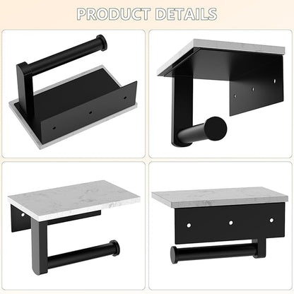 Marble Toilet Paper Holder with Shelf, Evolvegoods Matte Black Bathroom Toilet Paper Holder Wall Mount, 304 Stainless Steel Modern Toilet Paper Roll Holder Storage Tissue Holder
