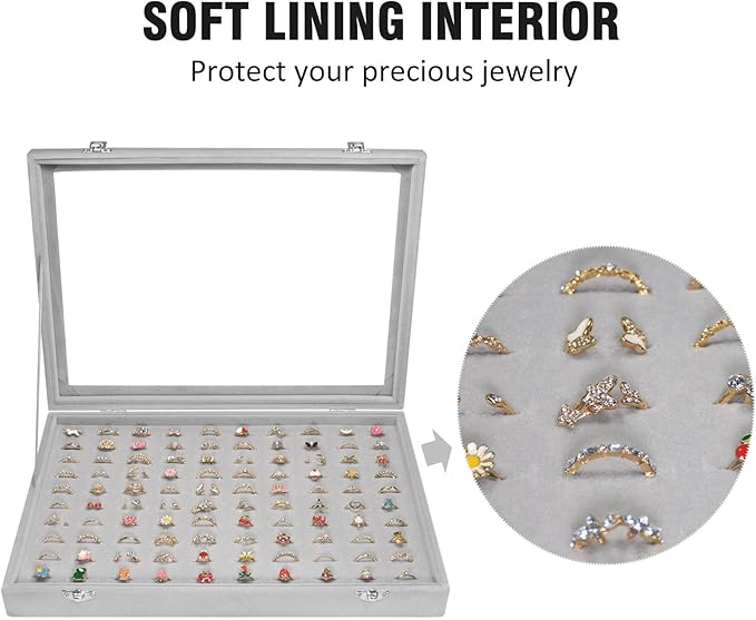 Rings Organizer Tray 100 Slot Velvet Ring Earring Storage Box TranSparent Cover Jewelry Store Ring Display Box Jewelry Display Cabinet for Girl Wife Mother