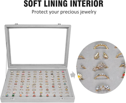 Rings Organizer Tray 100 Slot Velvet Ring Earring Storage Box TranSparent Cover Jewelry Store Ring Display Box Jewelry Display Cabinet for Girl Wife Mother