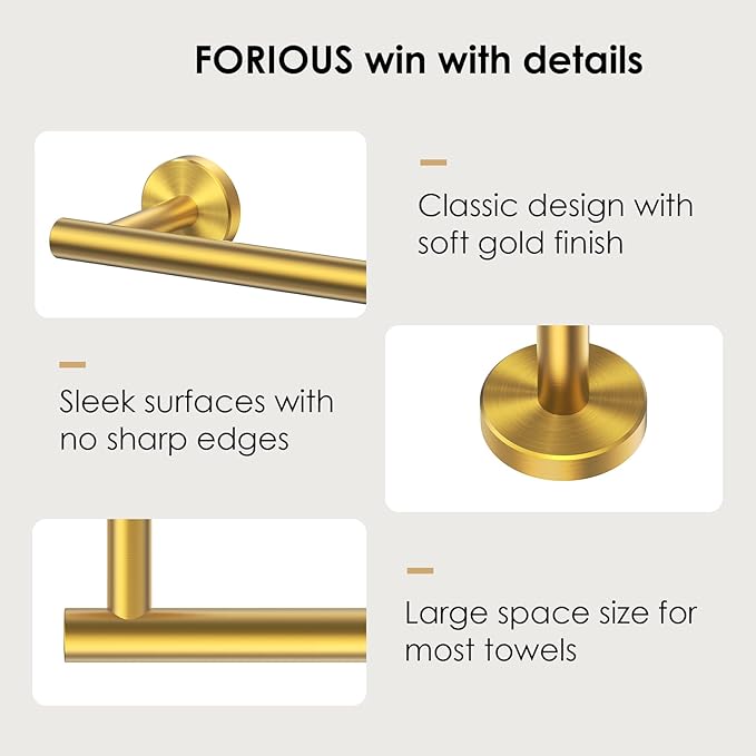 FORIOUS Towel Bar Wall Mounted, Stainless Steel Towel Racks for Bathroom 23 Inch, Includes Wall Mounting Hardware (Gold, Hanging Space 21 Inch)