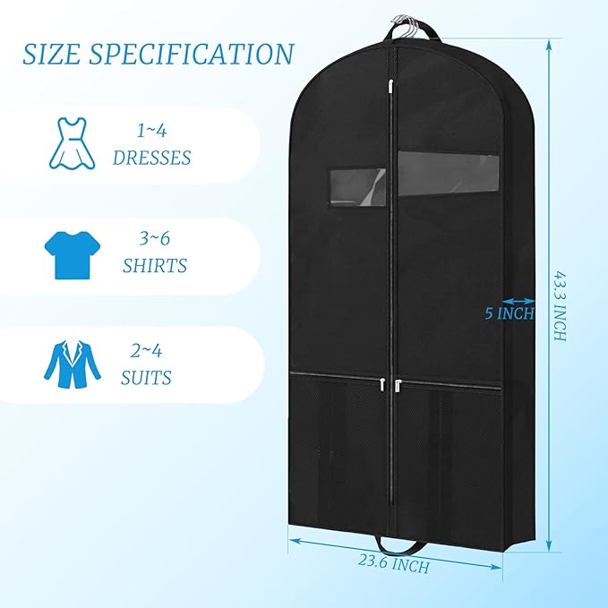 Travel Garment Bag with Accessories Zipper Pocket and Visible Transparent Window, 43" Heavy Duty Suit Bag for Suits, Tuxedos, Dresses, Coats
