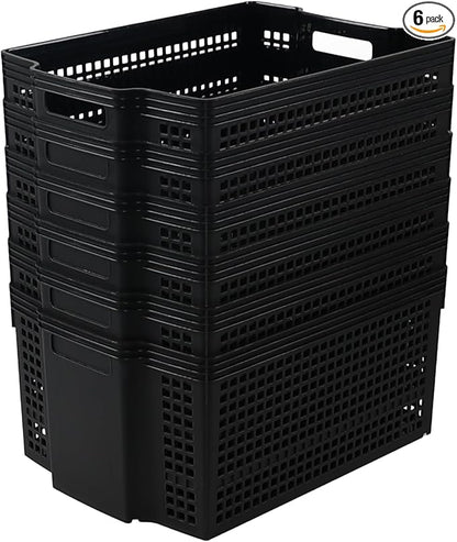 6-Pack Black Plastic Storage Baskets, Large Stackable Organizer Basket