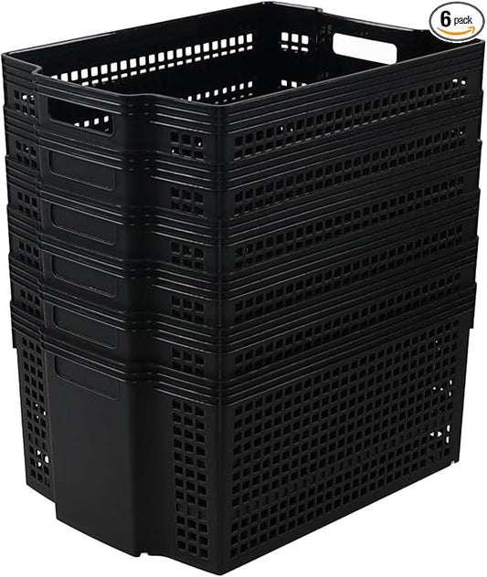 6-Pack Black Plastic Storage Baskets, Large Stackable Organizer Basket