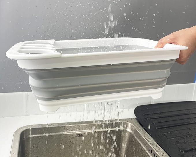 SAMMART Collapsible Plastic Dish Drainer - Foldable Drying Rack Set - Portable Dinnerware Organizer - Space Saving Dishes and Utensil Kitchen Storage (1, White/Grey (w/o Base Board))