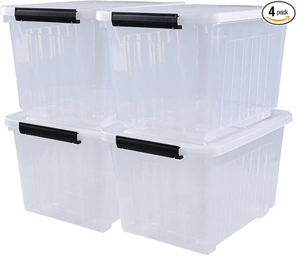 Sadstory 30 Quart Clear Latching Bin with Lid, Plastic Storage Tote Box with Wheels, 4 Packs