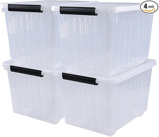Sadstory 30 Quart Clear Latching Bin with Lid, Plastic Storage Tote Box with Wheels, 4 Packs