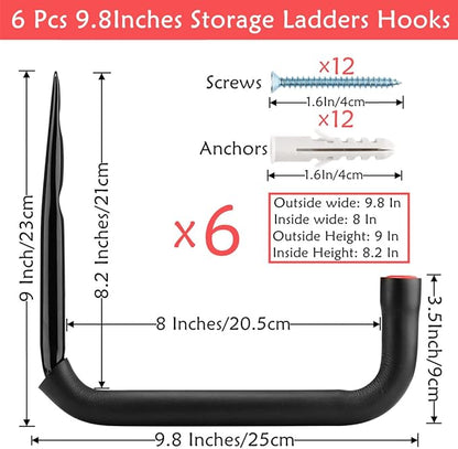Garage Storage Ladders Hooks, 6 Pack Heavy Duty Utility Hanger, 9.8IN Wall Mount Rack Safely Holds 50 Pounds