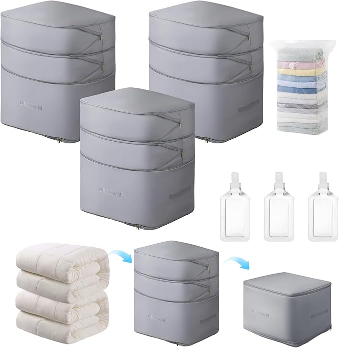 Comforter Storage Bag-Ultra Space Saving Large Self Compression Organizer for Comforters and Blanket,3-Layer Zipper Self-Compressing Organizer for Storage Bedding. (Gray, 3 Pack)