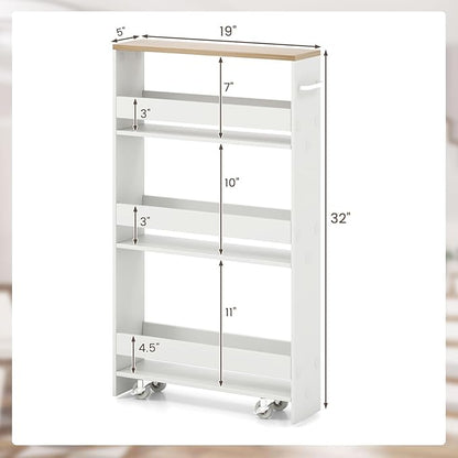Giantex Slim Storage Cart 4 Tier, Rolling Side Cabinet w/Handle, Space Saving, Kitchen Utility Cart Tower Rack for Laundry Narrow Places (White & Brown)
