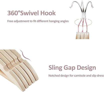 ROSOS Solid Wood Hangers - 30 Pack with 360 Swivel Chrome Hook, Smooth Finish & Precisely Cut Notches, Slim Wooden Coat Hangers for Closet, Natural