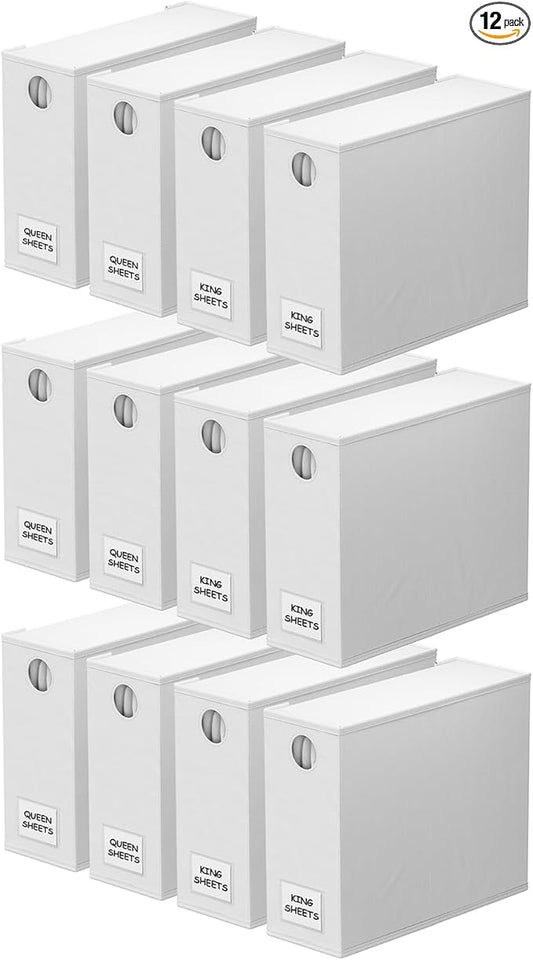SpaceAid 12 Pack Bed Sheet Organizers and Storage, Foldable Sheet Organizer for Linen Closet, Sheets Set Folder Keeper with Window XL (Queen & King Size) Bedding Container (White, 12 Pack)